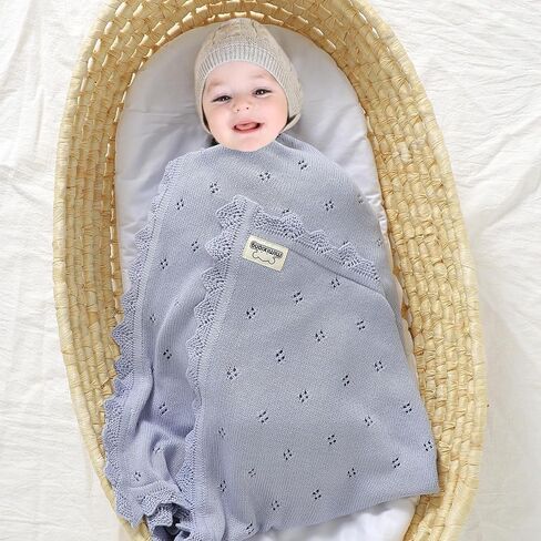 Cotton Baby Blanket Knitted Crochet Receiving Crib | Nursery Swaddling Blankets for Newborn Baby Boy Girl Off White 30x40 Inch in Saudi Arabia