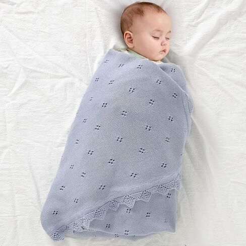 Cotton Baby Blanket Knitted Crochet Receiving Crib | Nursery Swaddling Blankets for Newborn Baby Boy Girl Off White 30x40 Inch in Saudi Arabia