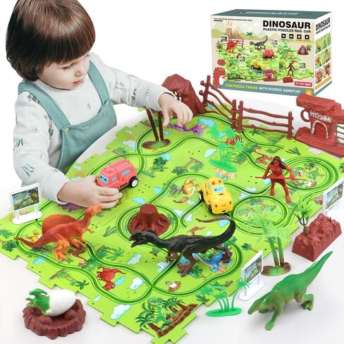 Dinosaur Puzzle Track Car Play Set for Kids Ages 3-5 5-7,Educational Puzzle Toys with 2 Railcars,Dinosaur Figures,Trees and Rocks，Plastic Puzzle Montessori Toys 3 4 5 6 7 Year Old Boys Girls Gift… in Saudi Arabia