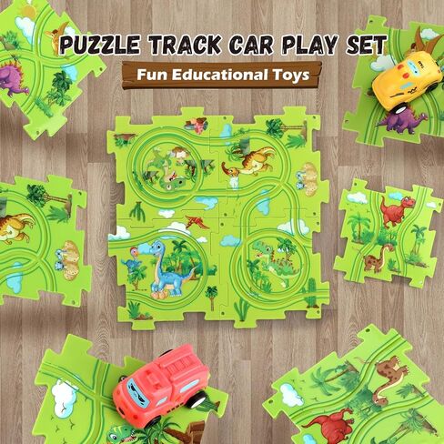 Dinosaur Puzzle Track Car Play Set for Kids Ages 3-5 5-7,Educational Puzzle Toys with 2 Railcars,Dinosaur Figures,Trees and Rocks，Plastic Puzzle Montessori Toys 3 4 5 6 7 Year Old Boys Girls Gift… in Saudi Arabia