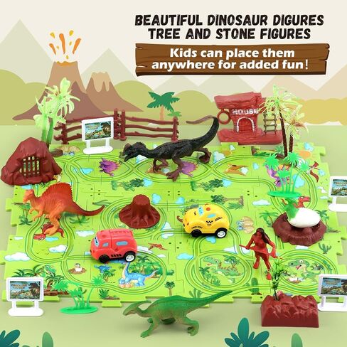 Dinosaur Puzzle Track Car Play Set for Kids Ages 3-5 5-7,Educational Puzzle Toys with 2 Railcars,Dinosaur Figures,Trees and Rocks，Plastic Puzzle Montessori Toys 3 4 5 6 7 Year Old Boys Girls Gift… in Saudi Arabia