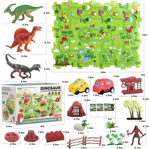 Dinosaur Puzzle Track Car Play Set for Kids Ages 3-5 5-7,Educational Puzzle Toys with 2 Railcars,Dinosaur Figures,Trees and Rocks，Plastic Puzzle Montessori Toys 3 4 5 6 7 Year Old Boys Girls Gift… in Saudi Arabia