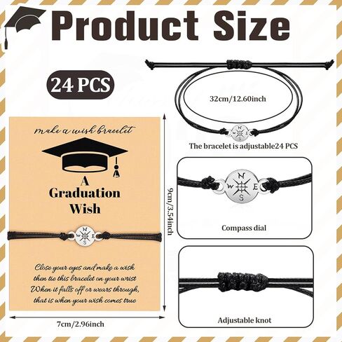 Yinkin 24 Pcs Graduation Bracelet Set 2024 Graduation Gifts Adjustable Compass Bracelets Cards for Classmates(Classic) in Saudi Arabia