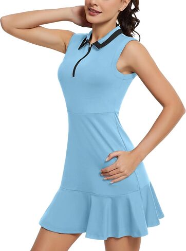 Womens Tennis Golf Dress with Shorts and Pockets Polo Zipper Neckline Sleeveless Two-Piece Workout Athletic Dresses in Saudi Arabia