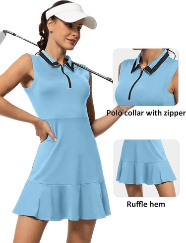Womens Tennis Golf Dress with Shorts and Pockets Polo Zipper Neckline Sleeveless Two-Piece Workout Athletic Dresses in Saudi Arabia