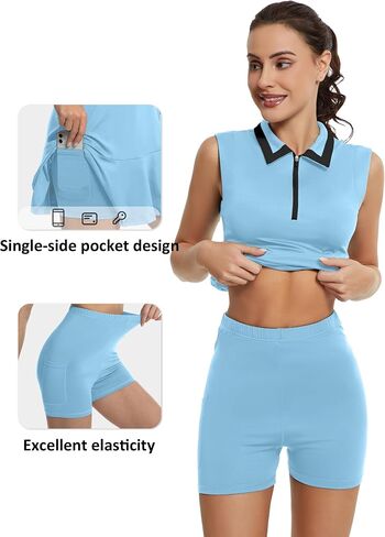 Womens Tennis Golf Dress with Shorts and Pockets Polo Zipper Neckline Sleeveless Two-Piece Workout Athletic Dresses in Saudi Arabia