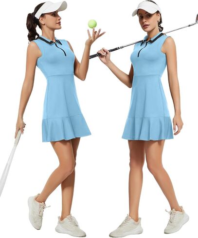 Womens Tennis Golf Dress with Shorts and Pockets Polo Zipper Neckline Sleeveless Two-Piece Workout Athletic Dresses in Saudi Arabia