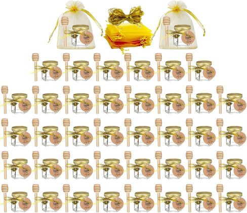 Ahhute 20 Pack Mini Glass Honey Jars with Dipper - Perfect for Baby Showers and Wedding Favors - Gold Lid, Bee Pendants, Ribbons - Includes Gift Bags in Saudi Arabia