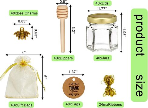 Ahhute 20 Pack Mini Glass Honey Jars with Dipper - Perfect for Baby Showers and Wedding Favors - Gold Lid, Bee Pendants, Ribbons - Includes Gift Bags in Saudi Arabia