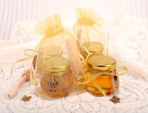 Ahhute 20 Pack Mini Glass Honey Jars with Dipper - Perfect for Baby Showers and Wedding Favors - Gold Lid, Bee Pendants, Ribbons - Includes Gift Bags in Saudi Arabia