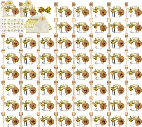 Ahhute 20 Pack Mini Glass Honey Jars with Dipper - Perfect for Baby Showers and Wedding Favors - Gold Lid, Bee Pendants, Ribbons - Includes Gift Bags in Saudi Arabia