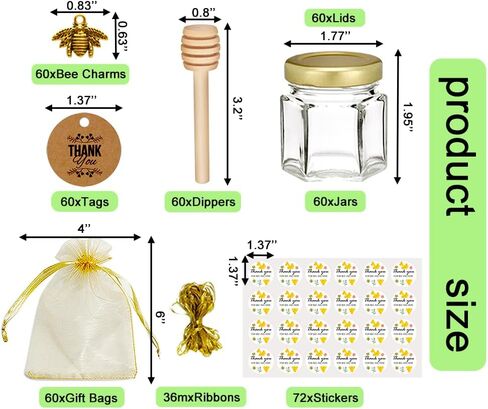 Ahhute 20 Pack Mini Glass Honey Jars with Dipper - Perfect for Baby Showers and Wedding Favors - Gold Lid, Bee Pendants, Ribbons - Includes Gift Bags in Saudi Arabia