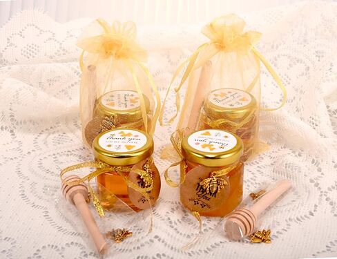 Ahhute 20 Pack Mini Glass Honey Jars with Dipper - Perfect for Baby Showers and Wedding Favors - Gold Lid, Bee Pendants, Ribbons - Includes Gift Bags in Saudi Arabia