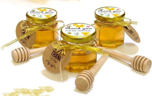 Ahhute 20 Pack Mini Glass Honey Jars with Dipper - Perfect for Baby Showers and Wedding Favors - Gold Lid, Bee Pendants, Ribbons - Includes Gift Bags in Saudi Arabia