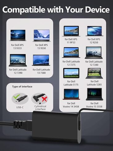شاحن سلك طاقة بديل للكمبيوتر المحمول USB C 65 وات لجهاز Dell XPS 13 Chromebook 3100 Latitude 5420 5520 7420 7430 5400 5430 5320 5530 5490 5580 3420 7410 7320 7400 7390 النوع C 65 وات للكمبيوتر in Kuwait
