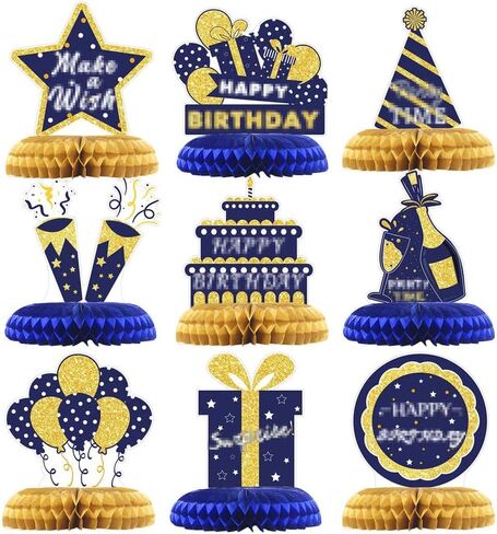 9Pcs Blue and Gold Honeycomb Centerpieces Decoration for Table, Happy Birthday Decorations for Men Women Dad Father, Blue and Gold Party Table Decoration for Kids Baby Shower Birthday Supplies in Saudi Arabia