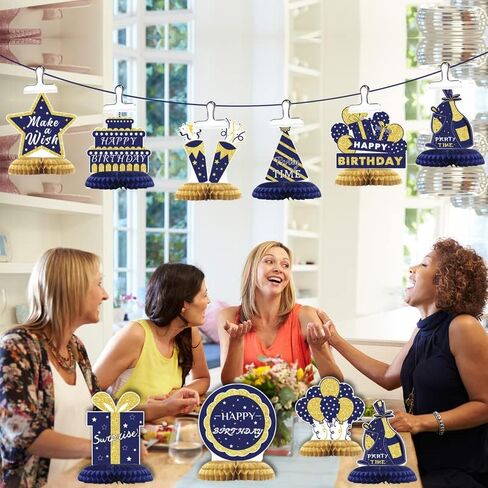 9Pcs Blue and Gold Honeycomb Centerpieces Decoration for Table, Happy Birthday Decorations for Men Women Dad Father, Blue and Gold Party Table Decoration for Kids Baby Shower Birthday Supplies in Saudi Arabia