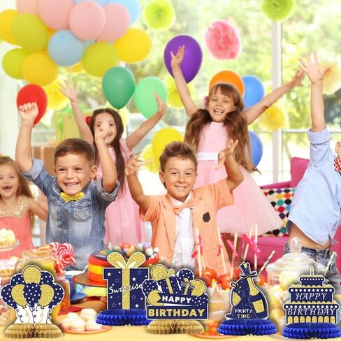 9Pcs Blue and Gold Honeycomb Centerpieces Decoration for Table, Happy Birthday Decorations for Men Women Dad Father, Blue and Gold Party Table Decoration for Kids Baby Shower Birthday Supplies in Saudi Arabia