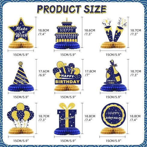 9Pcs Blue and Gold Honeycomb Centerpieces Decoration for Table, Happy Birthday Decorations for Men Women Dad Father, Blue and Gold Party Table Decoration for Kids Baby Shower Birthday Supplies in Saudi Arabia