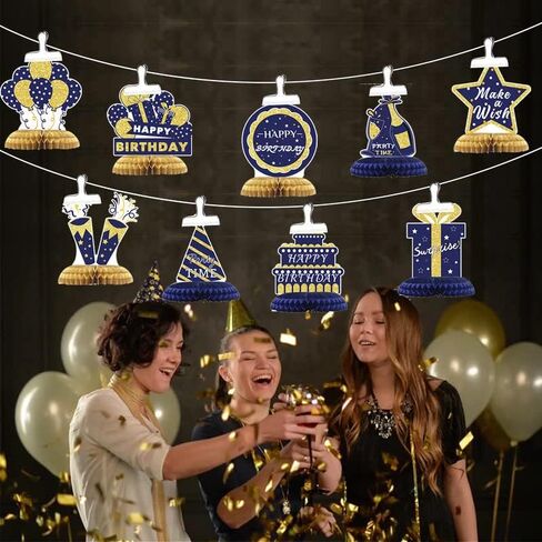 9Pcs Blue and Gold Honeycomb Centerpieces Decoration for Table, Happy Birthday Decorations for Men Women Dad Father, Blue and Gold Party Table Decoration for Kids Baby Shower Birthday Supplies in Saudi Arabia