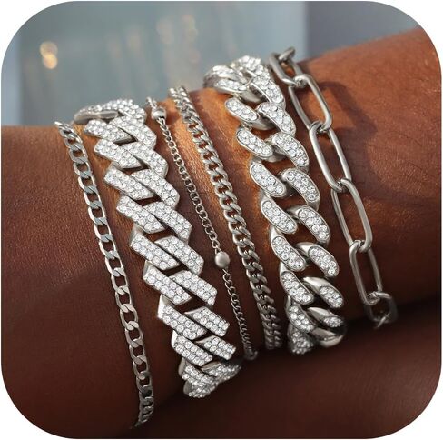 Gold Bracelets for Women, 14K Gold Plated Bracelets Sets for Women, 13mm/14mm Cuban Chain Bracelet Layered Link Chain Bracelets Pack Jewelry Full Diamond for Women Girls in Saudi Arabia