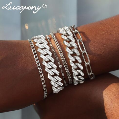 Gold Bracelets for Women, 14K Gold Plated Bracelets Sets for Women, 13mm/14mm Cuban Chain Bracelet Layered Link Chain Bracelets Pack Jewelry Full Diamond for Women Girls in Saudi Arabia