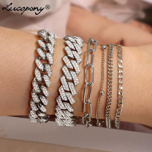 Gold Bracelets for Women, 14K Gold Plated Bracelets Sets for Women, 13mm/14mm Cuban Chain Bracelet Layered Link Chain Bracelets Pack Jewelry Full Diamond for Women Girls in Saudi Arabia