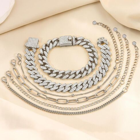 Gold Bracelets for Women, 14K Gold Plated Bracelets Sets for Women, 13mm/14mm Cuban Chain Bracelet Layered Link Chain Bracelets Pack Jewelry Full Diamond for Women Girls in Saudi Arabia