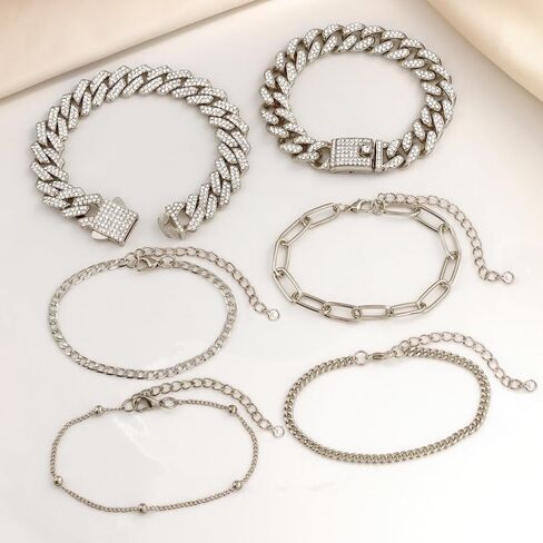 Gold Bracelets for Women, 14K Gold Plated Bracelets Sets for Women, 13mm/14mm Cuban Chain Bracelet Layered Link Chain Bracelets Pack Jewelry Full Diamond for Women Girls in Saudi Arabia