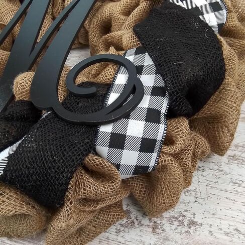 Buffalo Check Burlap Front Door Wreath - Black White Everyday Year Round Decor - Gift for Mom in Saudi Arabia