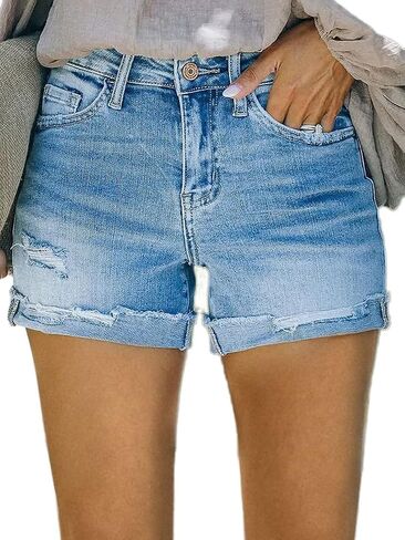 Flamingals Women's Ripped Raw Edge Denim Shorts Mid Waist Casual Shorts in Saudi Arabia