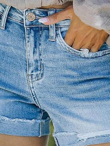 Flamingals Women's Ripped Raw Edge Denim Shorts Mid Waist Casual Shorts in Saudi Arabia