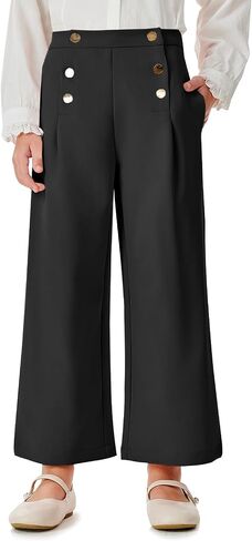 Haloumoning Girls Wide Leg Pants Kids Fashion Elastic Waist Front Button Trousers with Pockets 5-14 Years in Saudi Arabia