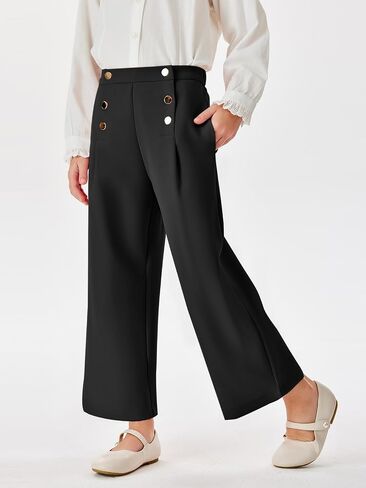 Haloumoning Girls Wide Leg Pants Kids Fashion Elastic Waist Front Button Trousers with Pockets 5-14 Years in Saudi Arabia