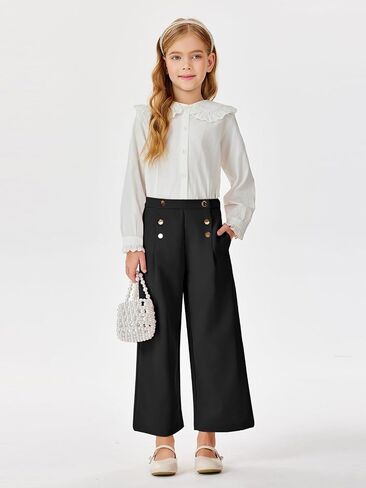 Haloumoning Girls Wide Leg Pants Kids Fashion Elastic Waist Front Button Trousers with Pockets 5-14 Years in Saudi Arabia