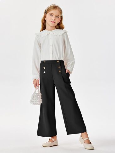 Haloumoning Girls Wide Leg Pants Kids Fashion Elastic Waist Front Button Trousers with Pockets 5-14 Years in Saudi Arabia