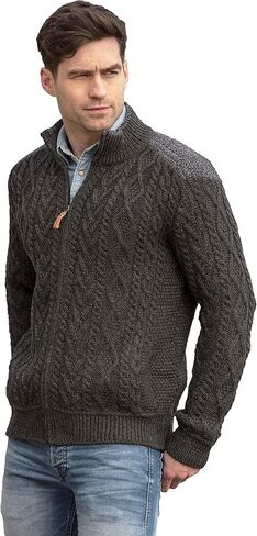 Aran Crafts Men's Cable Knit Shoulder Detail Zipped Cardigan (100% Merino Wool) in Kuwait