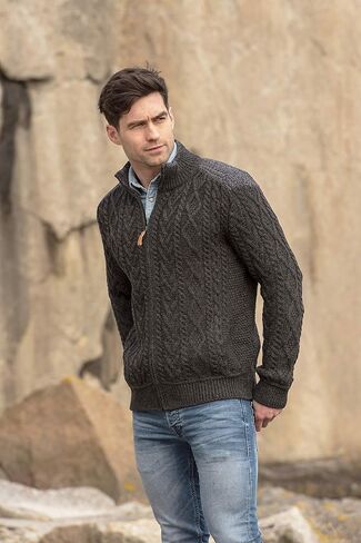 Aran Crafts Men's Cable Knit Shoulder Detail Zipped Cardigan (100% Merino Wool) in Kuwait