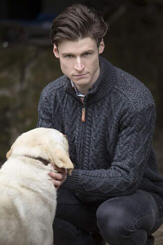 Aran Crafts Men's Cable Knit Shoulder Detail Zipped Cardigan (100% Merino Wool) in Kuwait