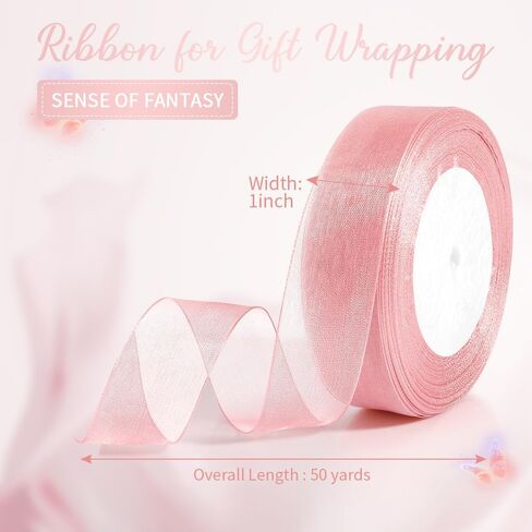 Pink Ribbon for Flower Bouquet 1 Inch 50 Yards Sheer Mothers Day Gift Basket Ribbon Tulle Ribbon for Gift Wrapping Ribbons for Crafts Ribbon for Hair Thin Ribbon for Wedding Decorations Party in Saudi Arabia