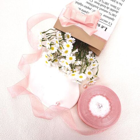 Pink Ribbon for Flower Bouquet 1 Inch 50 Yards Sheer Mothers Day Gift Basket Ribbon Tulle Ribbon for Gift Wrapping Ribbons for Crafts Ribbon for Hair Thin Ribbon for Wedding Decorations Party in Saudi Arabia