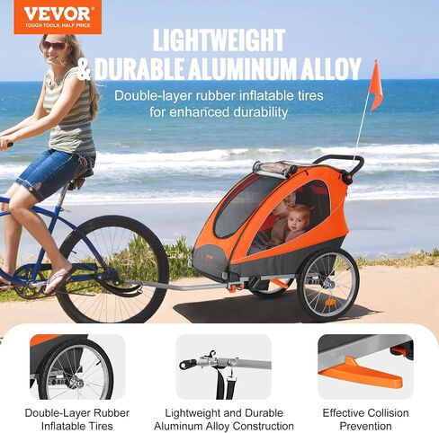 VEVOR Bike Trailer for Toddlers, Kids, 2 Seat, Supports up to 100/110 lbs, 2-in-1 Canopy Carrier Converts to Stroller, Tow Behind Foldable Child Bicycle Trailer with Universal Bicycle Coupler in Saudi Arabia
