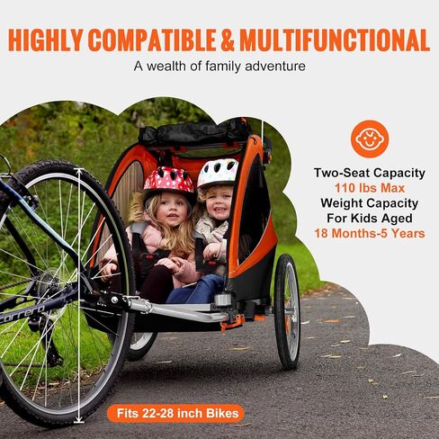 VEVOR Bike Trailer for Toddlers, Kids, 2 Seat, Supports up to 100/110 lbs, 2-in-1 Canopy Carrier Converts to Stroller, Tow Behind Foldable Child Bicycle Trailer with Universal Bicycle Coupler in Saudi Arabia