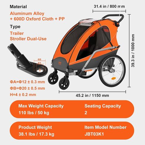 VEVOR Bike Trailer for Toddlers, Kids, 2 Seat, Supports up to 100/110 lbs, 2-in-1 Canopy Carrier Converts to Stroller, Tow Behind Foldable Child Bicycle Trailer with Universal Bicycle Coupler in Saudi Arabia
