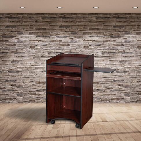 Mobile Floor Lectern with Side Shelf and Keyboard Tray, Mahogany & On-Stage TM08B Microphone Flange Mount, Black in Saudi Arabia