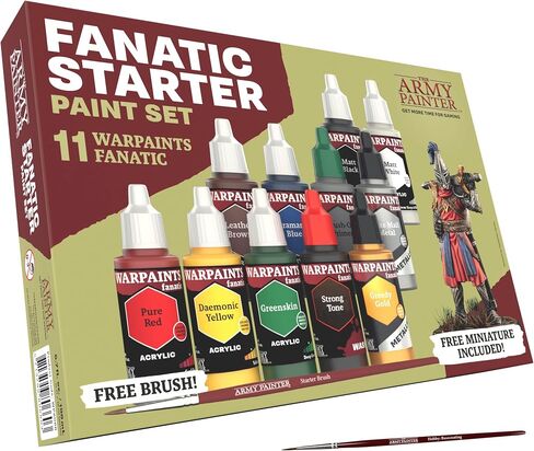 The Army Painter Warpaints Fanatic: Starter Set Combo, 11 paints: 7 acrylic colours, 2 Metallics, 1 Wash, 1 Brush-On Primer, 1 Basecoating Brush, Plus 1 Free Miniature figure and Starter Brush in Saudi Arabia