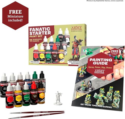 The Army Painter Warpaints Fanatic: Starter Set Combo, 11 paints: 7 acrylic colours, 2 Metallics, 1 Wash, 1 Brush-On Primer, 1 Basecoating Brush, Plus 1 Free Miniature figure and Starter Brush in Saudi Arabia