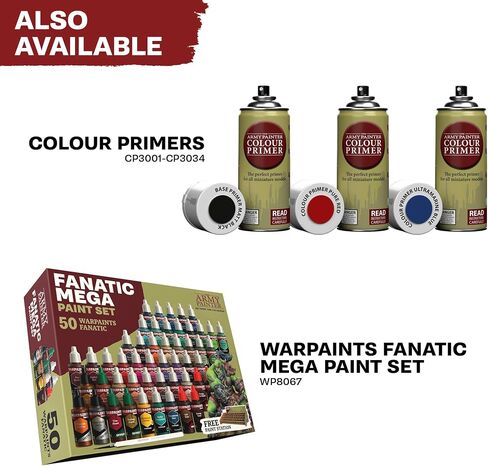 The Army Painter Warpaints Fanatic: Starter Set Combo, 11 paints: 7 acrylic colours, 2 Metallics, 1 Wash, 1 Brush-On Primer, 1 Basecoating Brush, Plus 1 Free Miniature figure and Starter Brush in Saudi Arabia