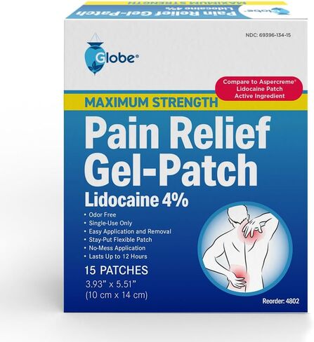 Globe -15 Pack - Maximum Strength OTC Pain Relief 4% Lidocaine Patch, 3.9" x 5.5", Temporary Relief of Pain, Back, Neck, Shoulders, Knees, Elbows, Minor Skin Irritations 15-Count Box in Saudi Arabia