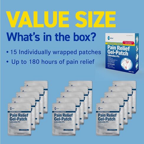 Globe -15 Pack - Maximum Strength OTC Pain Relief 4% Lidocaine Patch, 3.9" x 5.5", Temporary Relief of Pain, Back, Neck, Shoulders, Knees, Elbows, Minor Skin Irritations 15-Count Box in Saudi Arabia
